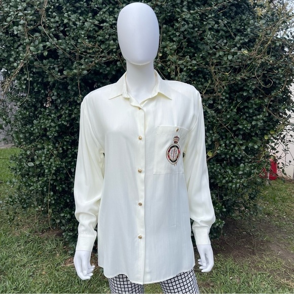 NWT Old Stock JM By Shelli Segal Winter White Crest LS Button Down Shirt - Picture 1 of 10